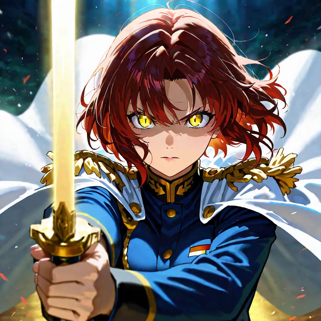  fierce and determined female marine officer in anime style, wearing a navy blue military uniform with golden epaulettes. She has short, wavy dark hair and sharp, intense eyes. Her uniform includes a white cape draped over her shoulders, signifying her hig...