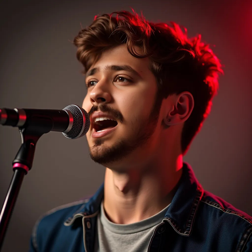 

A 25-year-old youth singing captured in a dynamic and expressive manner. His facial expressions convey the emotion and energy of the song, making the image feel alive and engaging. The lighting is natural and flattering, highlighting the youth's features...