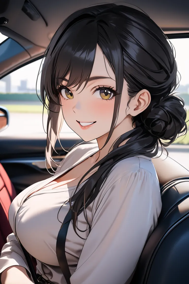 top quality, masterpiece, Hi-Res, 8k, (1 girl ), Alone, sexy, (bust shot), (casual fashion without seat belts), black bun hair, Mature Woman, ((( kind expression))),  car, smile, ((( toro face))), Beautiful breasts, viewers next to him, Don't wear seat bel...