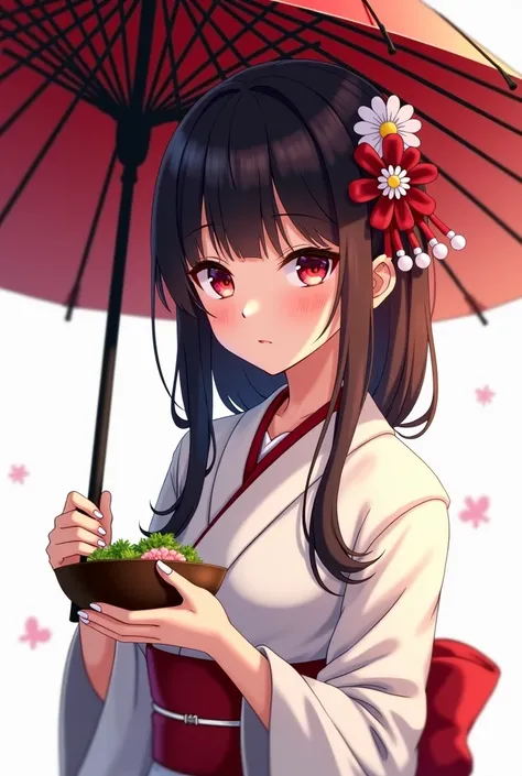  anime girl holding a red and white umbrella wearing a kimono costume、食べ物のボウルを持っている,  shikamimi, cute girl anime visual, Kimetsu no Yaiba Rui fan art, Devil Anime Girl, BEAUTIFUL ANIMATED PORTRAIT, High Quality Portraits, anime Wife,  Digital Animated Illu...