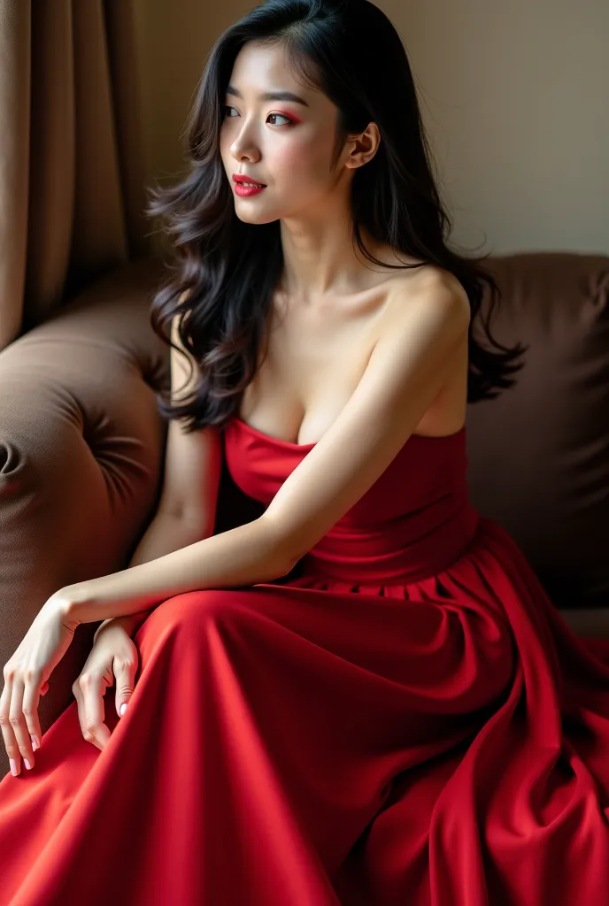 araffe woman in a red dress posing on a couch, sexy dress, beautiful asian girl, gorgeous chinese model, japanese goddess, sexy girl, asian girl, sexy red dress, chinese girl, asian nymph bald goddess, korean girl, beautiful asian woman, opened dress, sexy...