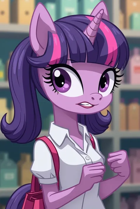 a close up of a cartoon character with a bag in a store, purple eyes and white dress, Equestrian,  anthropomorphic mare , Gloomy, pretty flattering aesthetic, Dizzy Smile, She has purple hair, evil smile, her hair in a ponytail, Mlp,  magic school uniform,...