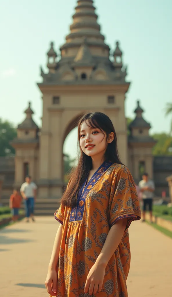 double exposure, cover photo of the film entitled "Friday Blessings". The cover shows a beautifull girl, wearing batik clothes,standing smiling slightly facing the camera. The background is a Tugu Yogyakarta. The overall image has soft focus and warm light...