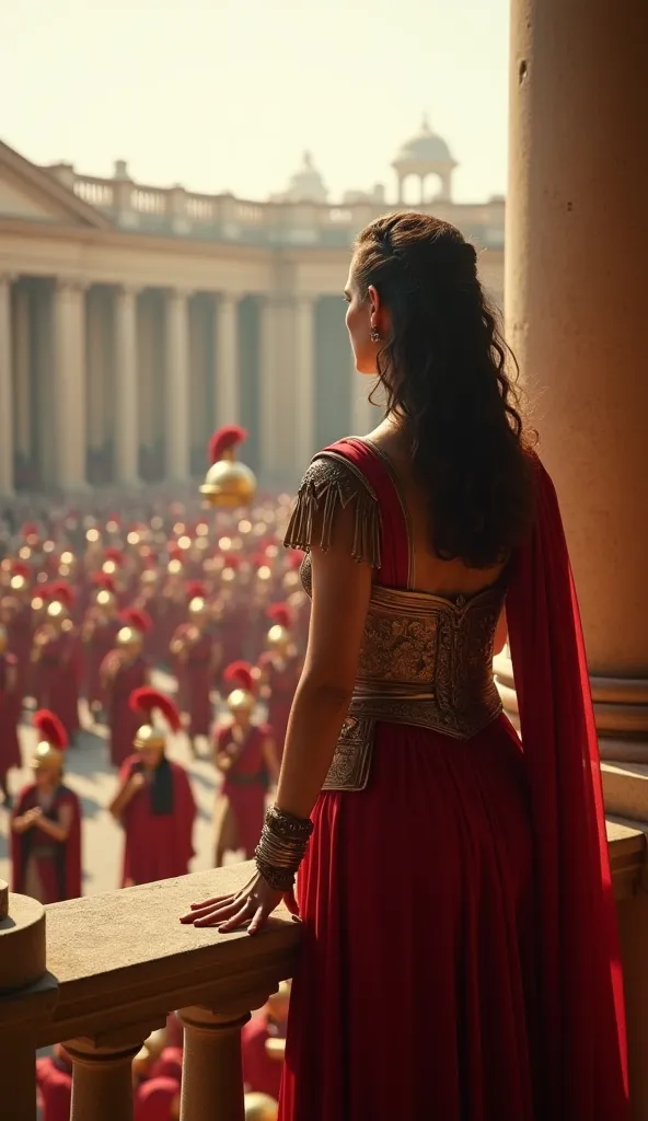 A Roman woman standing on a balcony overlooking a victory parade, locking eyes with a soldier below as he tosses his helmet in her direction, Detailed textures with a cinematic, heroic atmosphere, cinematic lighting, cinematic and highly detailed, hyperrea...