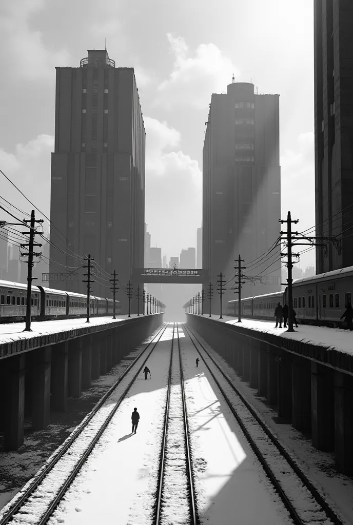 Black and white, cinematic photograph of a monumental 1960s brutalist train station in Isekai anime style. Two large blocks of concrete, iron and glass are connected. People walk across snowy platforms against a backdrop of a city, metallic trains, and pow...