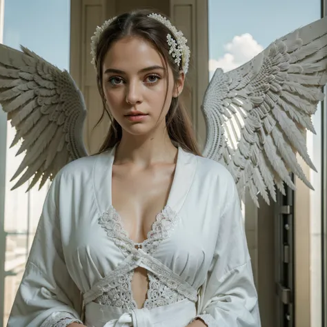 ((raw photo)), ((Masterpiece)), Anthropomorphic humanoid AngelGirl dressed in a noble white robe,  intricate detail ,  American Football , Intricate pieces of Greebles, sky behind, rosa, beautiful wings,  detailed eyes and lips 