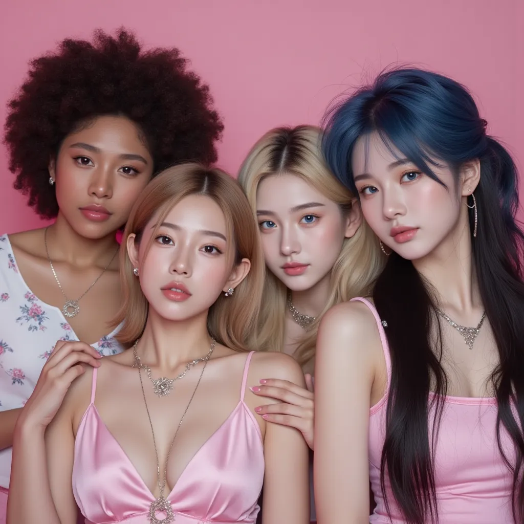 A K-pop girl group that consists of 1 African American black girl, 1 blonde blue eyed korean girl, 1 Filipino girl with curly dark blue hair and one Chinese girl with long black hair and bangs, concept photos K-pop music video for a group named SUGARXSPICE...