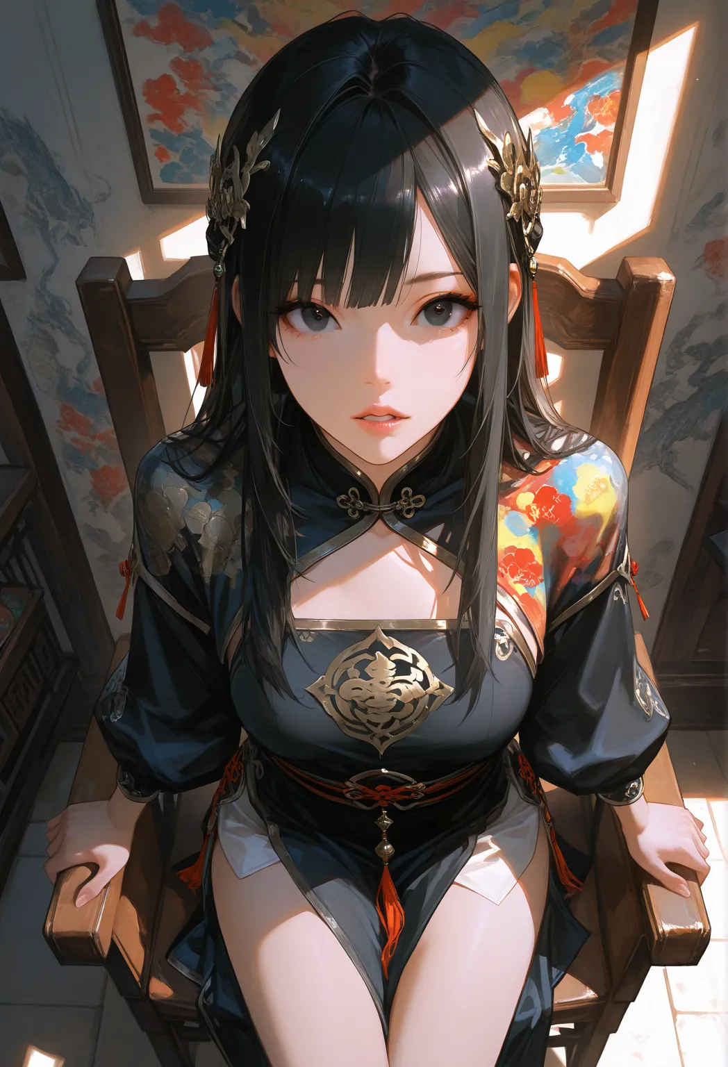 Masterpiece, source_hentai, top quality, amazing quality, very aesthetic, high resolution, super detailed, lighting, colorful, absurd, latest, fantasy material art, wuxia, master,sit on chair, nice post,
1 Girl, Beautiful Face, Long Black Hair , Black Eyes...