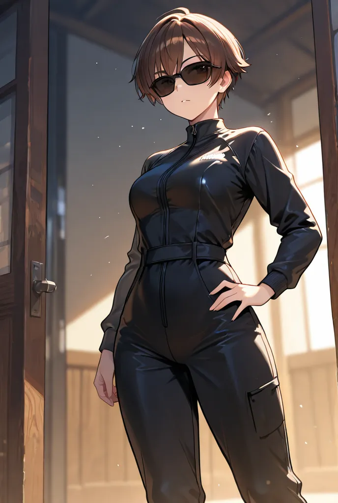 Tomboy+short brown hair+black jumpsuit+sunglasses