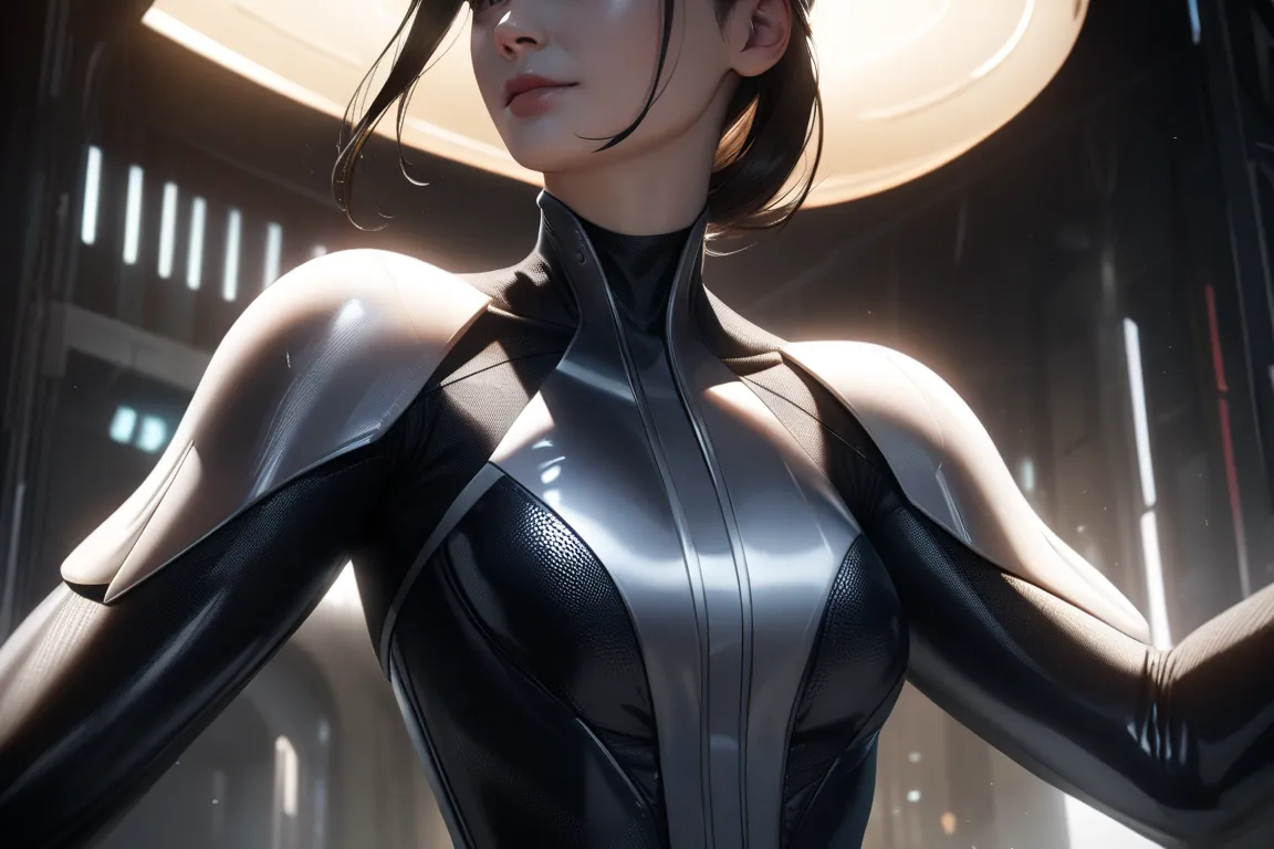 A futuristic, ultra-smooth, shiny and reflective bodysuit made of an advanced anti-static material. The fabric is sleek and glossy, resembling a high-tech synthetic surface. The clothing is seamless and form-fitting, with a slight metallic sheen. The backg...