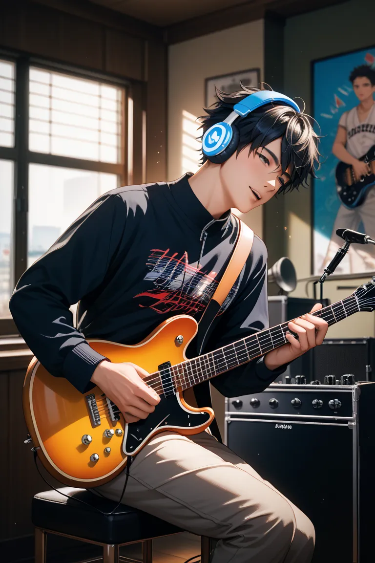 Man playing electric guitar、 black hair、 half up hairstyle、 headphones、in the room、anime style