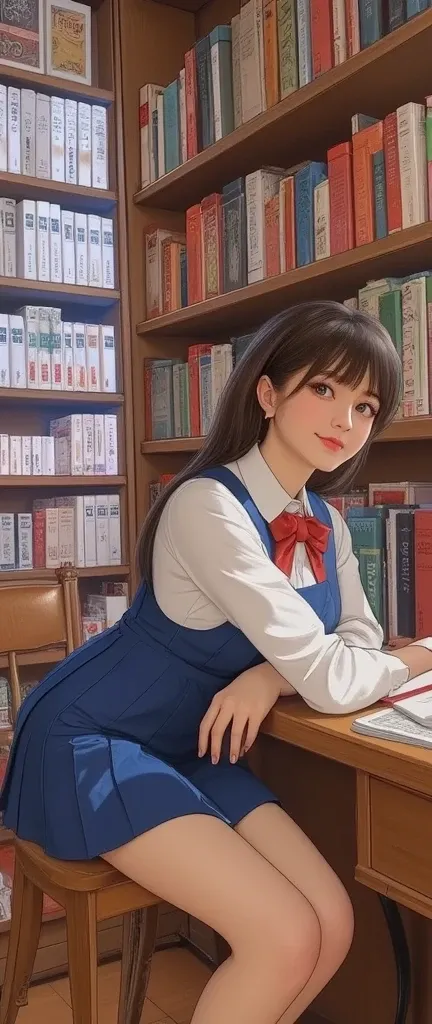 
Prompt - A girl with delicate features, wears a Japanese-style school dress with a blue skirt, a white blouse and a red bow. Her long dark hair is tied back with a real ribbon, and she has a warm and inviting smile. The subject sits on the wooden desk, sl...