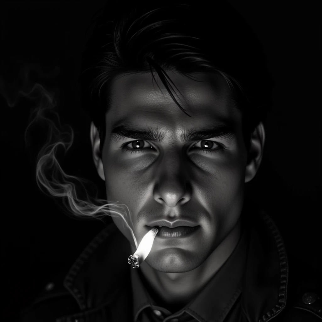 Hyper-realistic monochrome portrait in the noir style of a thoughtful man who looks like Tom Cruise. His face is partially hidden by deep shadows, and the dramatic lighting highlights a strong jawline and a tired but tense expression. The entire image is i...