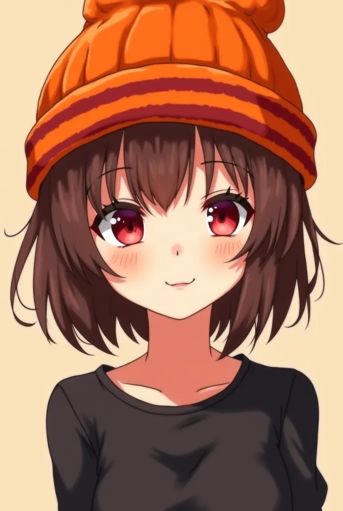 Female anime wearing an orange beanies with large stripes of a darker shade ,with short but slightly long hair with the fringe that is on the right side of brown ,wearing a shadow,shirt with red eyes and with a black head 