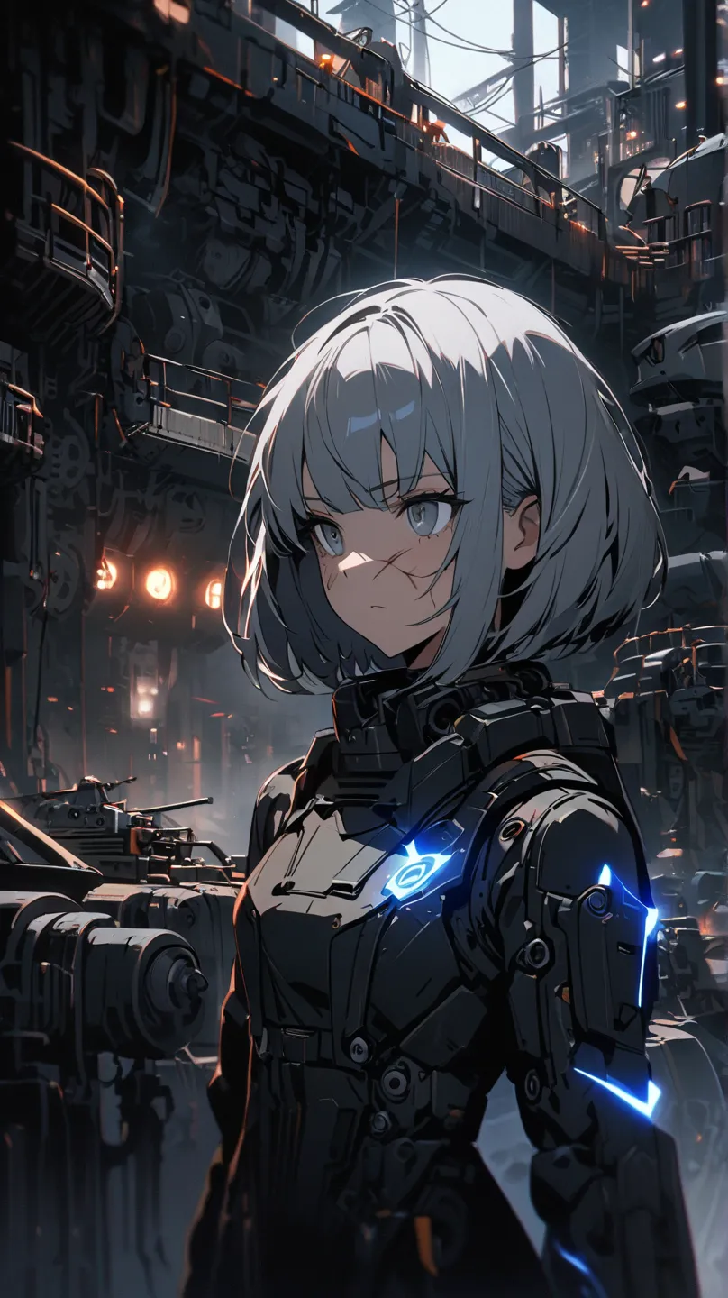 1 girl, chest, Gray Hair, Eye scars, Machine Body、bob hair, Factory-side faces, blue lightning