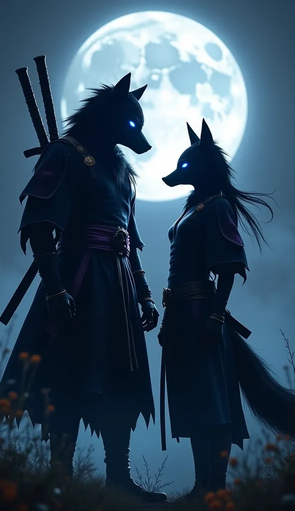 "An imposing ninja wears a stylized black costume with blue details Vibrant, inspired by the figure of a wolf. His lupine mask hides his face, revealing only bright and attentive eyes .  on its side, an agile and enigmatic ninja uses a black costume adorne...