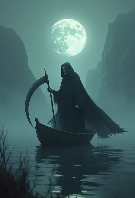 la grande faucheuse dans une barque remplie d’âmes, sombre, paysage lugubre, brouillard épais, lune décroissante, ondulations de l'eau, vent glacial, détails hyperréalistes, masterpiece, 8k, photorealistic, studio lighting, extreme détail, palette sombre, ...