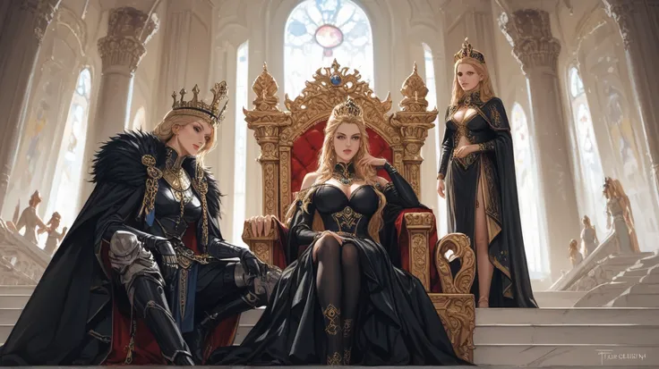 3 beautiful, sexy, blonde queens with big breasts sitting on elevated thrones, The first queen is black armour with a cloak and a crown, The second queen is in a black dress with a crown, The third queen is dressed as an Egyptian priestess , the third quee...