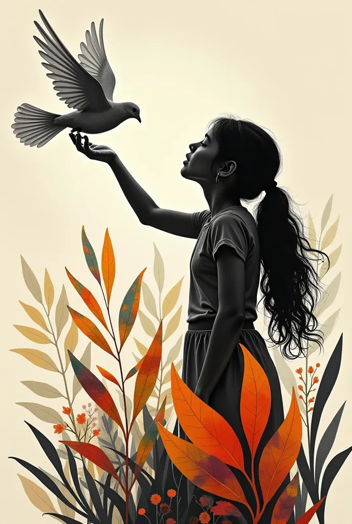 an illustration of a girl releasing a dove rendered in stark black and white, inspired by Diego Rivera, with a double exposure of colorful geometric leaf patterns inspired by Eduardo Kobra's muralism technique, peaceful serene expression, dramatic contrast...