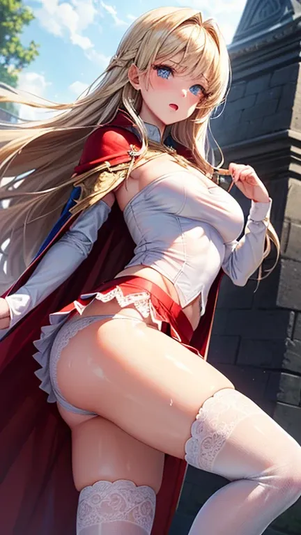 best quality,1 girl,((((:1.3)))))),((Medium breast:1.3)),curved,orgasm from chest,, sweat, blue eyes,blond hair,((long hair:1.3)), straight hair ,((Westcape Armor,white shirt,red skirt:1.3)),miniskirt, fantasy,((skirt,upskirt,lace panties,sheer white panti...