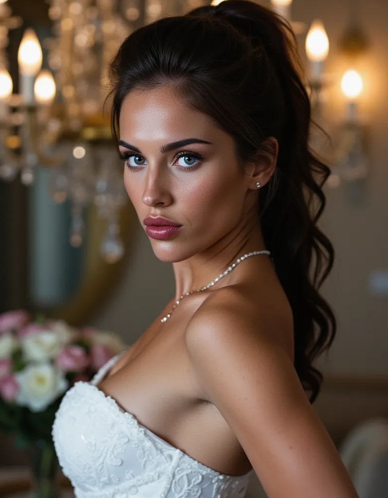 A portrait of   26, sexy milf, blue eyes,( Masterpiece, 4k resolution, ultra-realistic, very detailed) thick brunette hair with a lot of volume, freckles, bride, wearing a long white wedding dress, black hair, blue eyes, captured in ultra-realistic 8K reso...