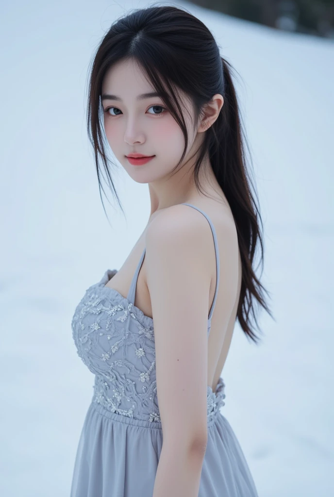 18 years old、(big breasts:1.8), (slim body:1.5), ( long and thin legs:1.5), ( small ass in plain black:1.5), Hi-Res, masterpiece, accurate, Highest quality, high detail, 

Elegant young woman in light-gray gown,  softly gazing downward.  Asian,  likely in ...