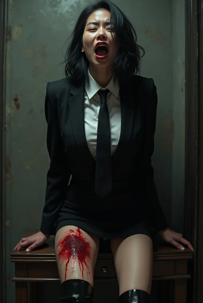  BEAUTIFUL ASIAN WOMAN , nsfw,  business suit and tie , micro mini skirt, long boots, painful expression, screaming, Massive bleeding from the thigh , ((A knife blade is stuck in her thigh)), (A man stabbed me in the thigh with a knife),(best quality,4K,8k...