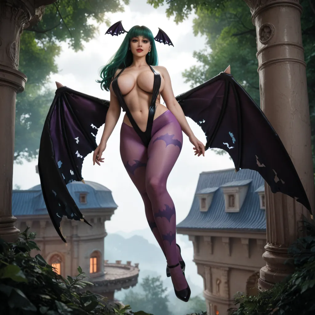 Full body shot, beautiful female, large full natural breasts, curvy thick body, long green hair, sling bikini, high heel shoes, purple pantyhose, Morrigan from Darkstalkers, flying over a dark remote castle near a forest