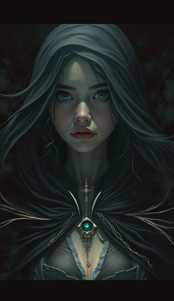  A close up of the Woman in the Black Cloak, with piercing eyes and a faint enigmatic smile.  Her skin is extremely pale , 's face and her dark hair contrasts against the hazy background.