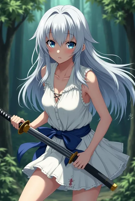 anime type: A girl of about 15 with long silver hair and blue eyes, with a defiant look, wearing a katana and a short white dress, although slightly torn, since she was fighting with a black chort, she had a small wound on her cheek, a cut and was not tend...