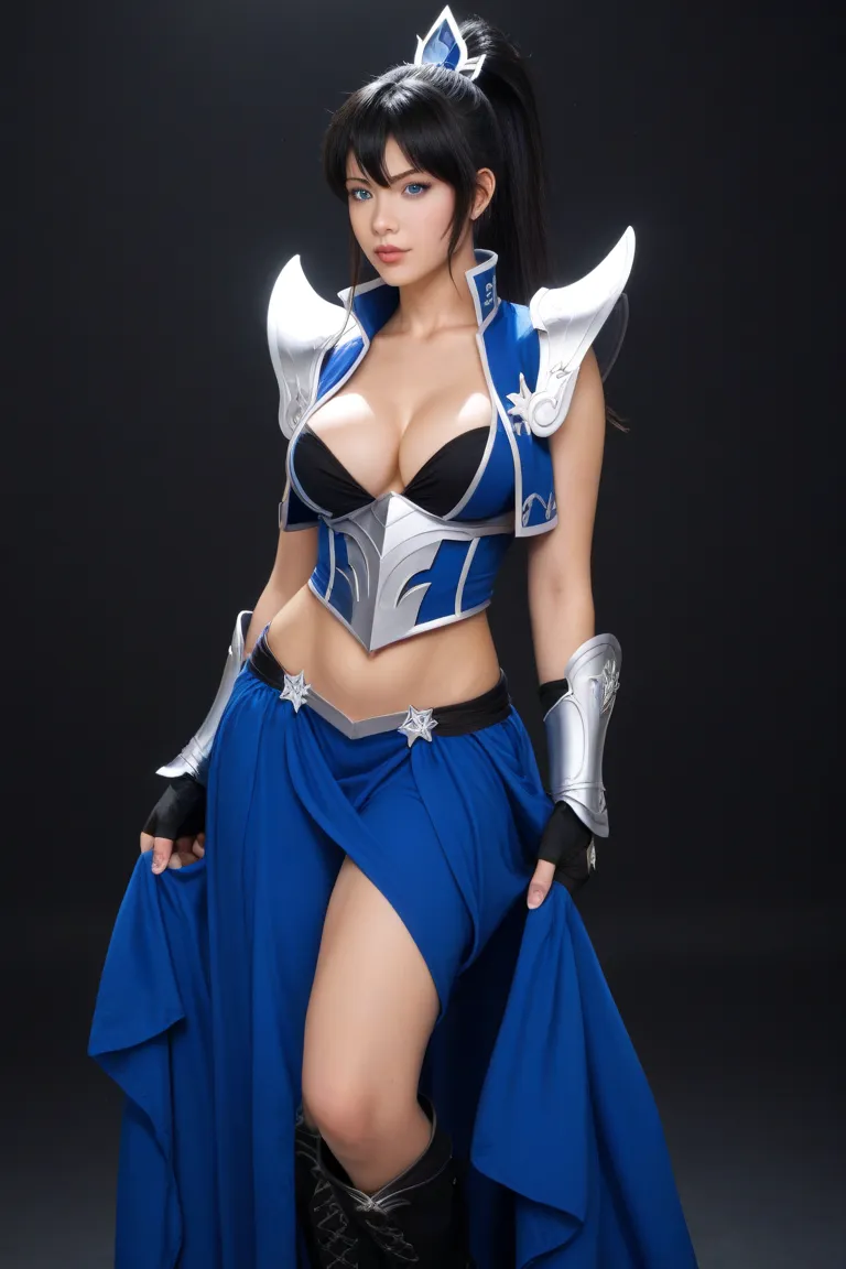 masterpiece, best quality, 1 girl, seiya version women hot from Game saint seiya with face asian like pornstars nuked sexy with costume armor sagitarius, black hair, ponytail, blue eyes, vest with no bra, boots, hot dress, breasts large chest, cleavage, fi...