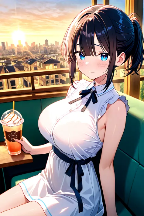 black haired short ponytail girl、cute、 long bangs、 blue eyes、 slim、 shy girl 、big breasts、 White Sleeveless Dress、(Touch the bangs:1.5)、stand、A romantic scene of girls waiting for a date in front of a cozy cafe。 A wooden sign with a brick exterior、Warm lig...