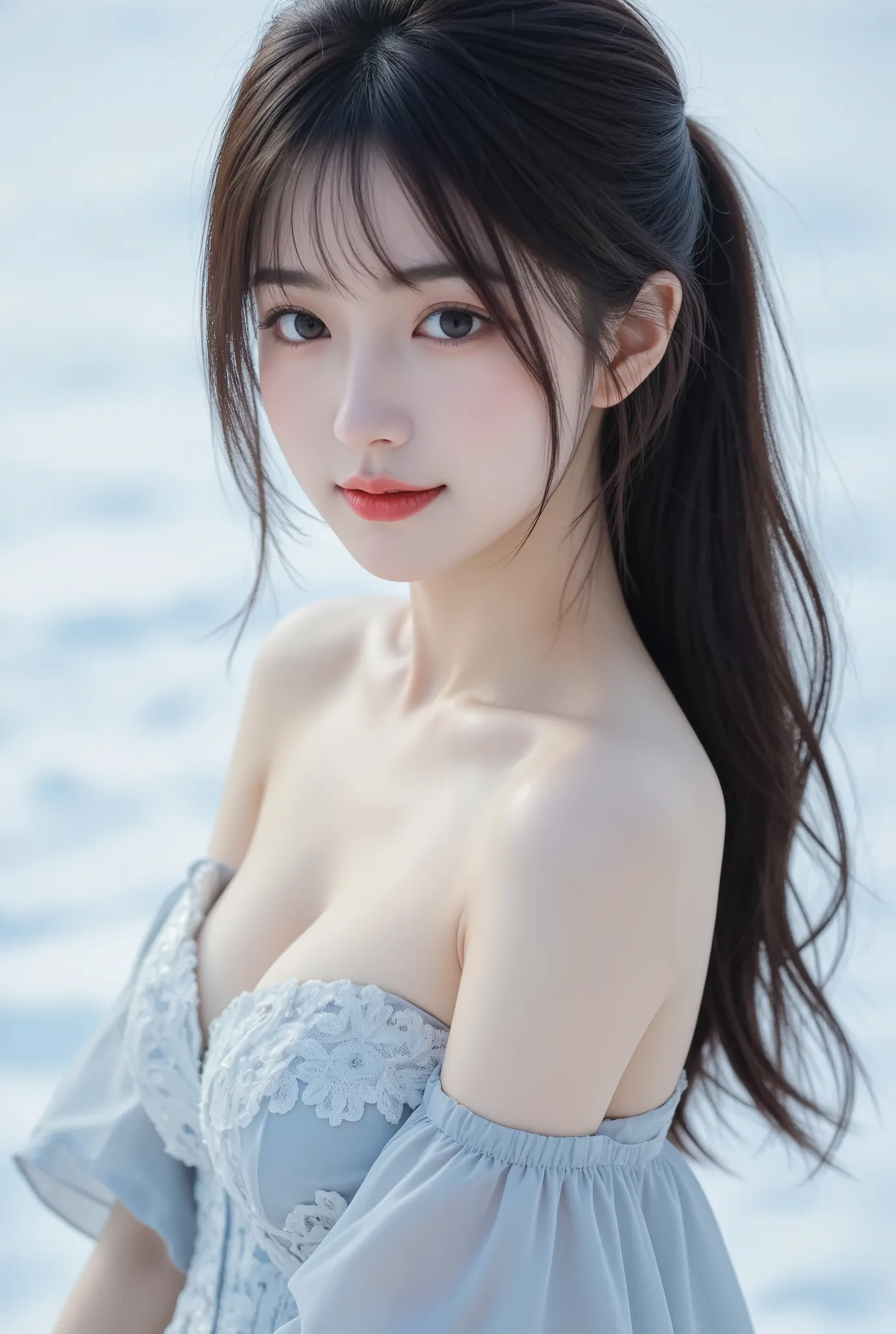 18 years old、(big breasts:1.8), (slim body:1.5), ( long and thin legs:1.5), ( small ass in plain black:1.5), Hi-Res, masterpiece, accurate, Highest quality, high detail, 

Elegant young woman in light-gray gown,  softly gazing downward.  Asian,  likely in ...