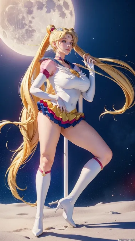 Sailor moon super s traje, 24 years old, realistic, 8K, ultra detailed , perfect face,, long blond hair , piercing blue eyes, front view, perreo, full body image, blue miniskirt, Red boots, , , voluptuous body,  on the Moon, (This is some text to translate...