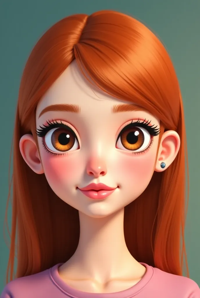 15-year-old girl,  almond brown eyes , not very big eyes , gently arched eyebrows, natural redhead, straight hair,  soft pink lips , the upper lip slightly larger than the lower one, oval face, soft pink cheeks, toned but not very long eyelashes. Style 2d.