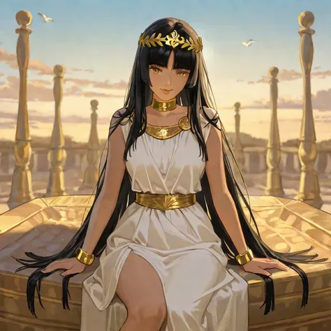 1 woman, long straight black hair with bangs (hime cut), Golden eyes, long white dress from ancient Greece, gold leaf tiara, gold bracelets, glossy lips, gold choker, adult woman, mature body and face, sitting in the middle of a green lawn, the background ...