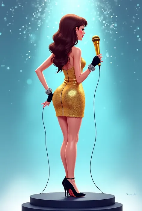 Digital illustration image of a woman standing with her back on a podium dressed in a gold sequin dress and black heels, with black fingerless glove with silver bracelets that hold a modern gold microphone, fantasy style with pastel sapphire blue backgroun...