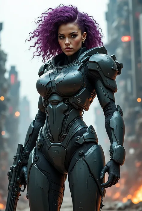 his body is a heavily armored combat cyborg. warrior woman with menacing face, her hair plum and curly. science fiction poster design.