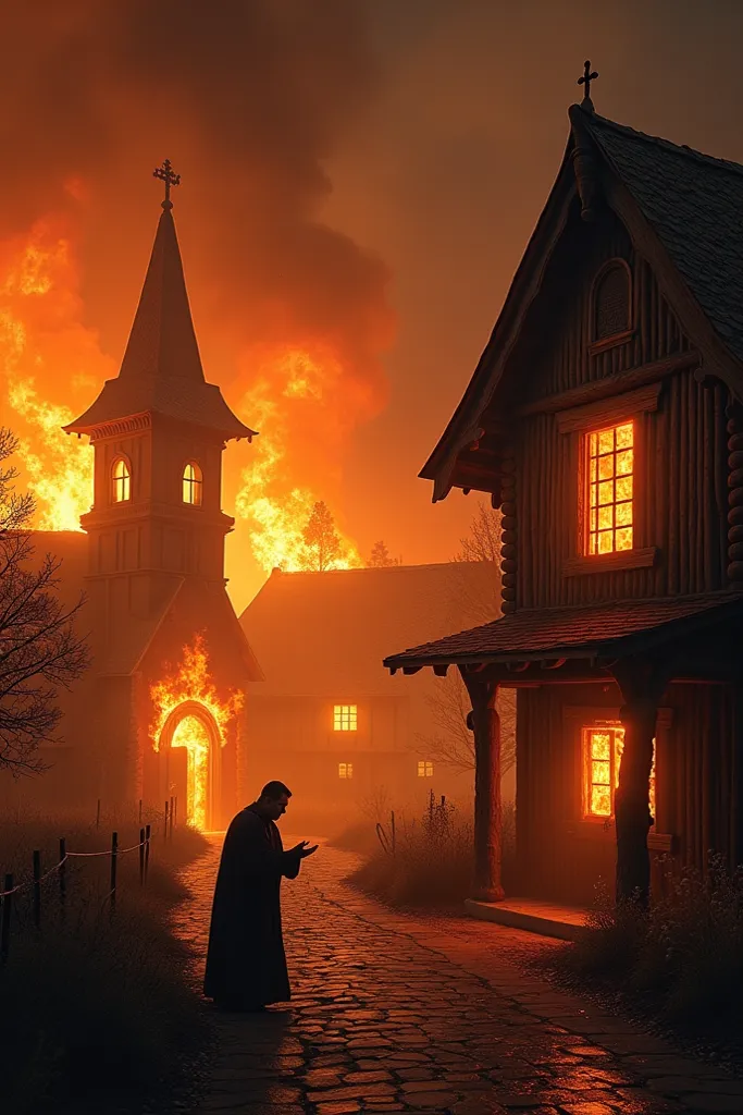 A wooden bell tower on fire , a wooden church on fire and a two-story wooden house completely on fire, a priest escaping through the mansion window. night in the background. 