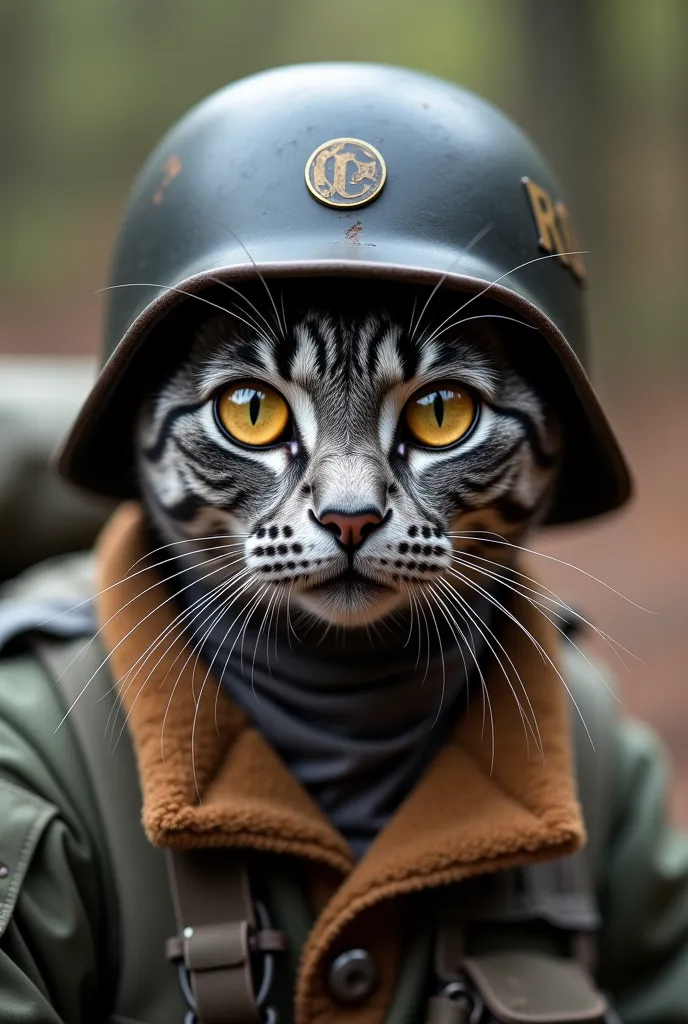 A tank cat with an old black tank helmet on his head. Helmet as on the photo https://ck152.ru/wp-content/uploads/2019/07/shlemofon-tankovyj-letnij.jpg