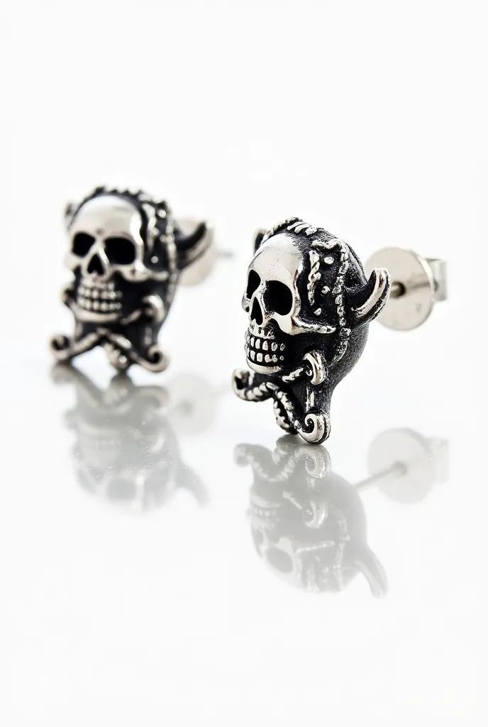 Create a silver pirate-themed stud earring set named 'Blackbeard.' The design should feature intricate detailing, with elements like a pirate skull and crossbones, ropes, and dark textures. The earrings should look bold and rebellious, showcasing the pirat...