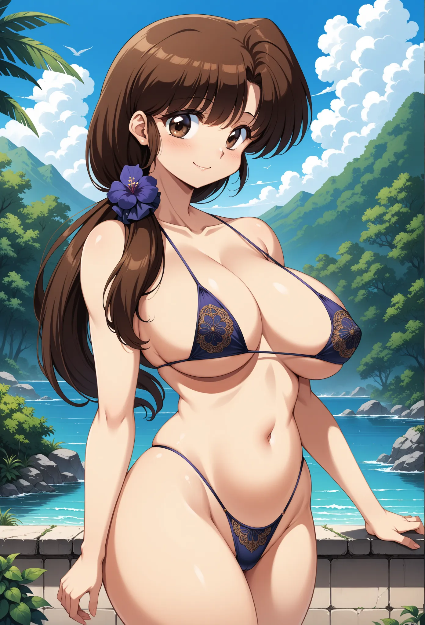 (masterpiece, best quality, very aesthetic, ultra detailed), intricate details, 4k, nabiki tendou, hair over shoulder, brown hair, brown eyes, long hair, big breasts, low ponytail, casual, smile, standing, cowboy shot, outdoors, microbikini