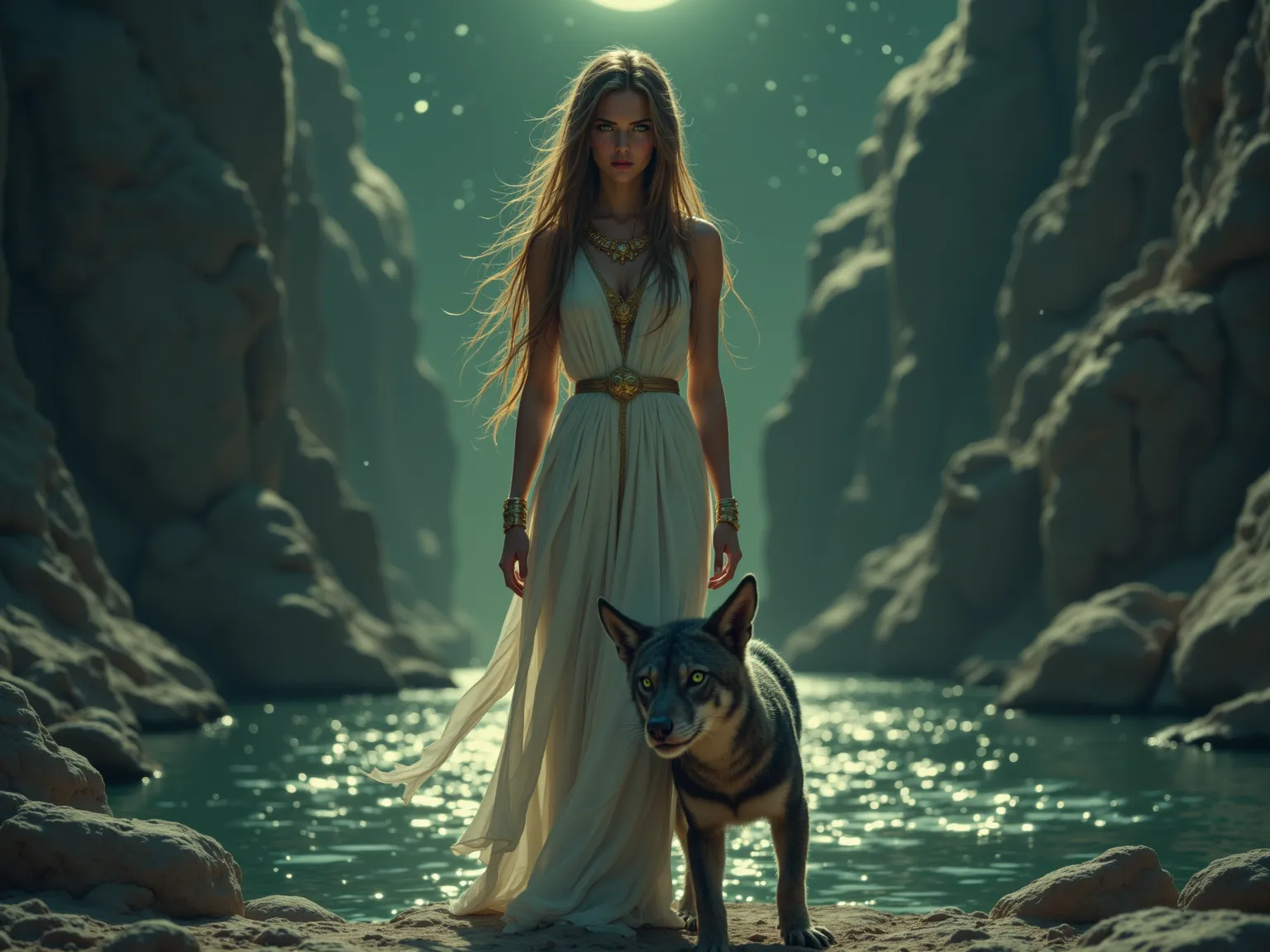 She stands at the edge of a shimmering river, her slender frame illuminated by the soft glow of the moon. Her long, light brown hair cascades down her back, and her milky green eyes, blind in the mortal world but vibrant in the Duat, gaze into the distance...