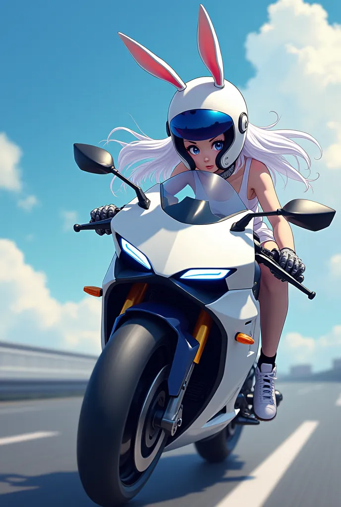 an image with an anime-style girl with white hair, white motorcycle helmet with dark blue visor that has rabbit ears on a sports bike