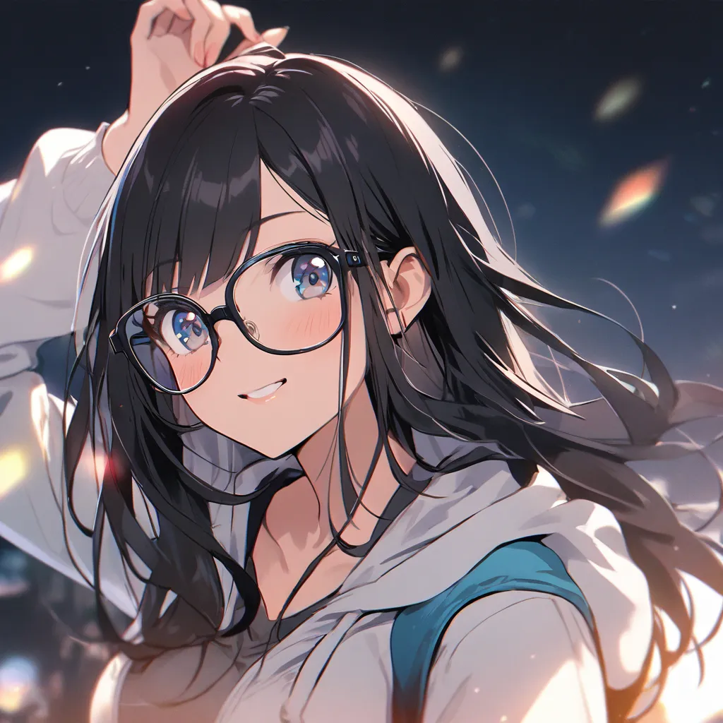 1 girl, Yurufua 、long hair、glasses、 hoodie、