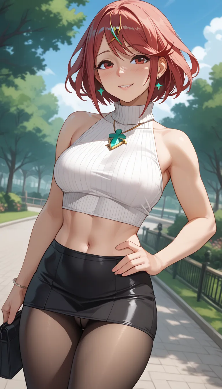  score_9,  score_8_up,  score_7_up,  source_ anime、Highest quality、8k、 masterpiece、super high definition、natural light、perfect anatomy、one woman、 small tits、saggy breasts、glamorous physique、Pyra 、 cute face、(tight sleeveless rib knit sweater、 high neck)、Mi...