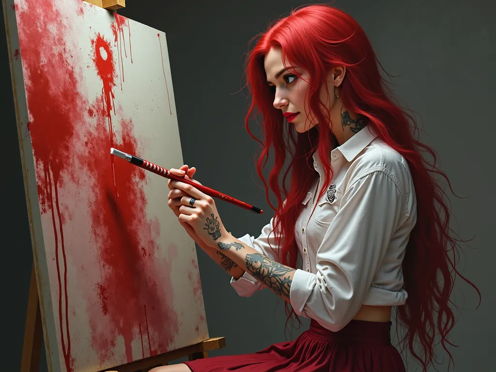 I would like to create a semi-realistic character, an 18 year old girl, Long-haired dark red, Who paints with blood on canvas with a brush, Does she have edgy black tattoos, black eyes and smiles slightly, I would like a full body image, with a white shirt...