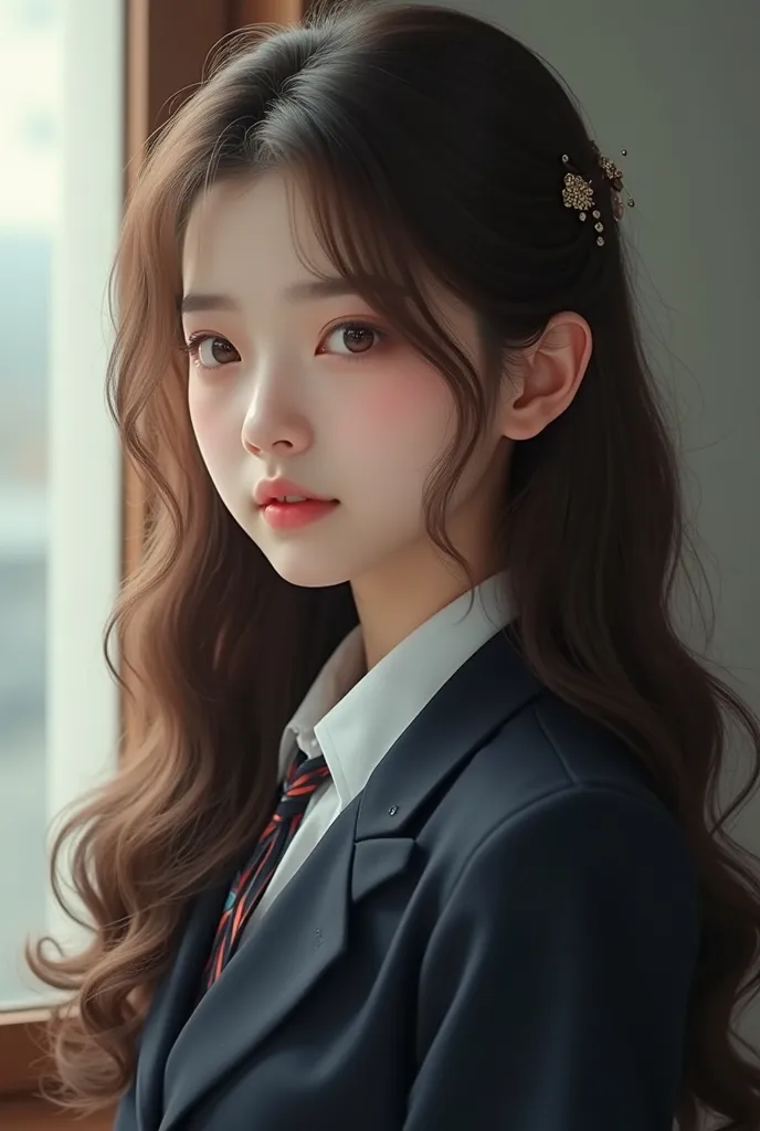  make a realistic image, 17-year-old brunette girl with long curled brown eyes dressed in the uniform of the best school in Korea