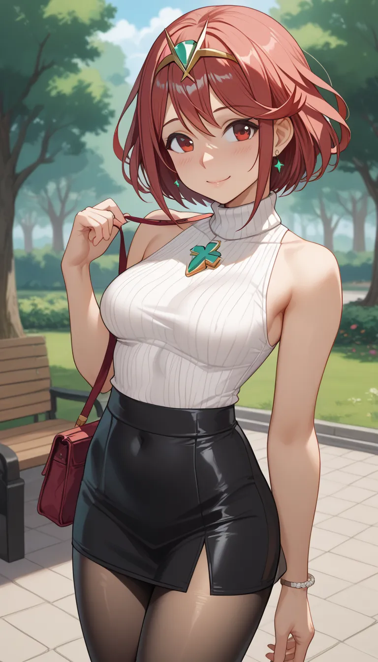  score_9,  score_8_up,  score_7_up,  source_ anime、Highest quality、8k、 masterpiece、super high definition、natural light、perfect anatomy、one woman、 small tits、saggy breasts、glamorous physique、Pyra 、 cute face、(tight sleeveless rib knit sweater、 high neck)、Mi...