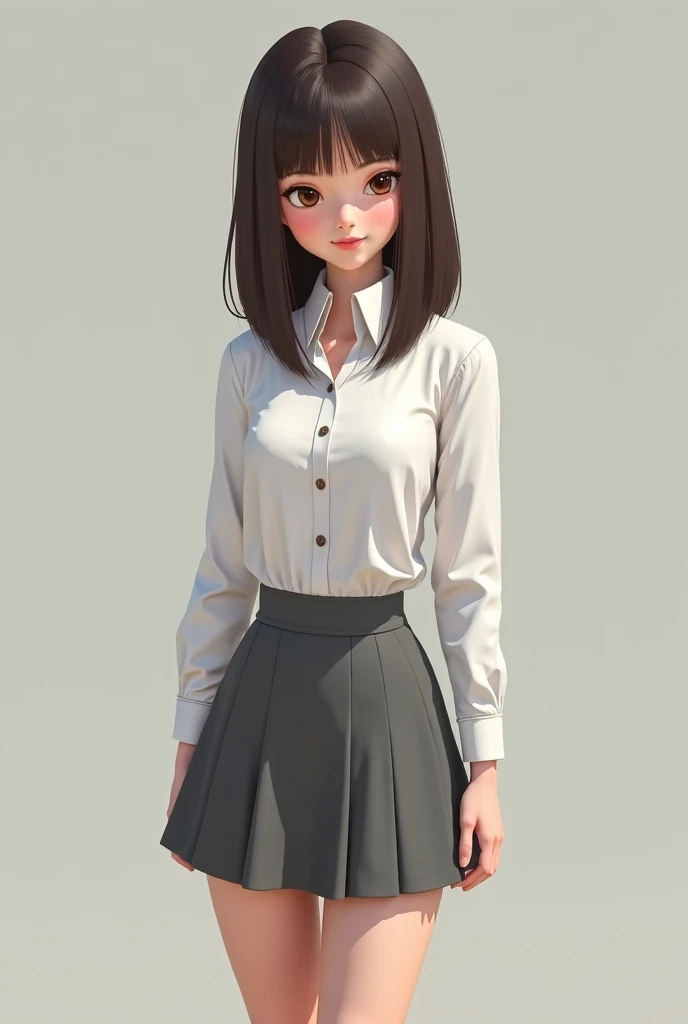 Create a girl with straight shoulder-length hair if you jet with a turkey,  thin, Very cool short gray skirt, a white buttoned formal long sleeve shirt , dark brown eyes, Pale skin and smiling yes art loral version, Very pretty Loral art version be full bo...